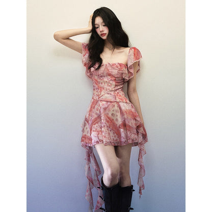 1P_STUDIO_Pink_Check_Floral_Patchwork_Square_Neck_Ruffle_Waist_Women&