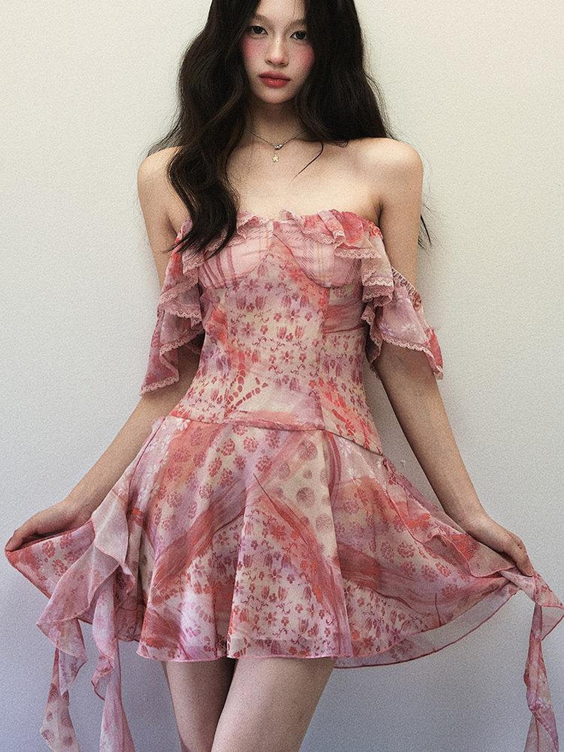 1P STUDIO Pink Check Floral Patchwork Square Neck Ruffle Waist Women&