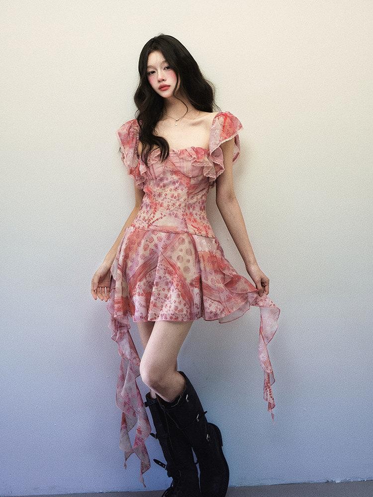 1P STUDIO Pink Check Floral Patchwork Square Neck Ruffle Waist Women&