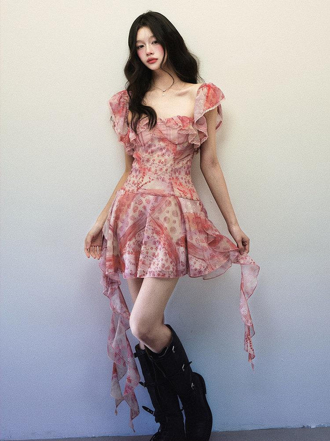 1P STUDIO Pink Check Floral Patchwork Square Neck Ruffle Waist Women&