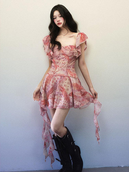 1P STUDIO Pink Check Floral Patchwork Square Neck Ruffle Waist Women&