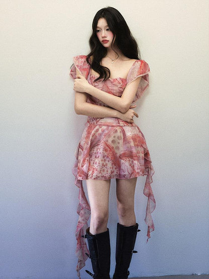 1P STUDIO Pink Check Floral Patchwork Square Neck Ruffle Waist Women&