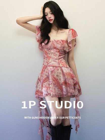 1P STUDIO Pink Check Floral Patchwork Square Neck Ruffle Waist Women&