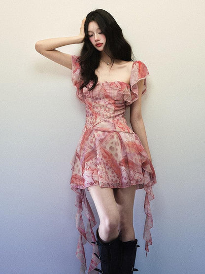 1P STUDIO Pink Check Floral Patchwork Square Neck Ruffle Waist Women&