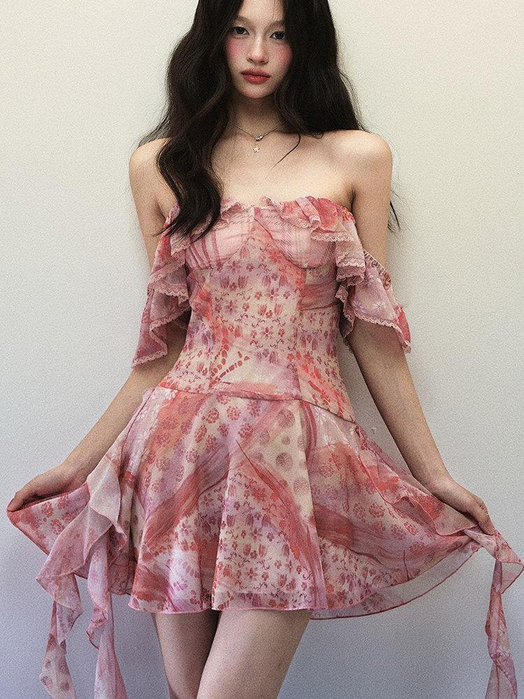 1P STUDIO Pink Check Floral Patchwork Square Neck Ruffle Waist Women&