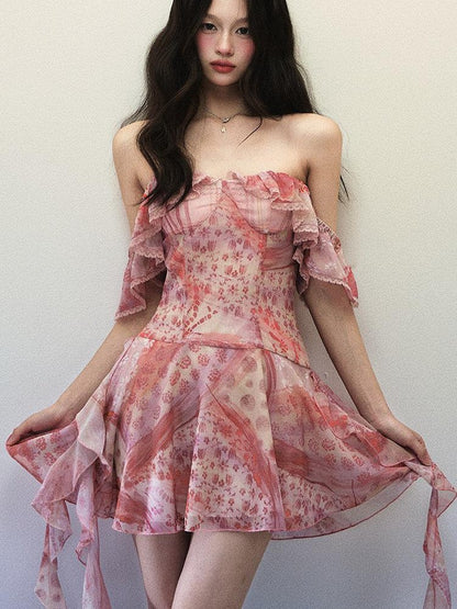1P STUDIO Pink Check Floral Patchwork Square Neck Ruffle Waist Women&