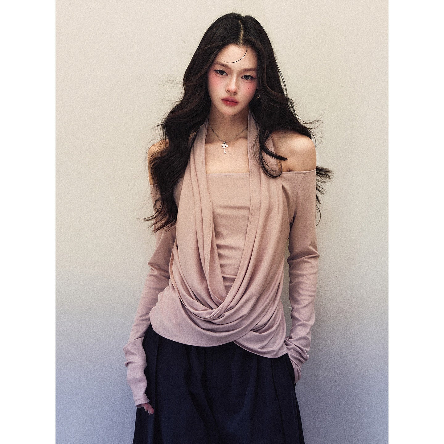 1P_STUDIO_Pink_Cross_Halter_Off_Shoulder_Draped_Neck_Elastic_Women&