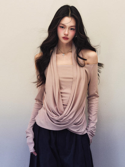 1P STUDIO Pink Cross Halter Off Shoulder Draped Neck Elastic Women&