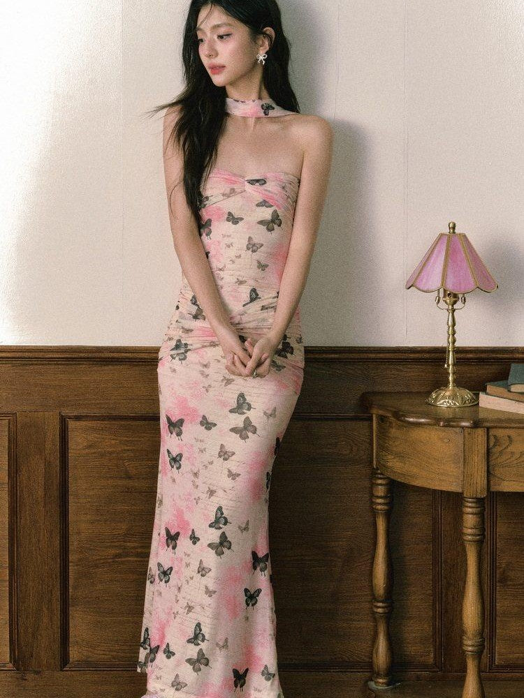 1P STUDIO Pink Floral Ombre Black Butterfly Ribbon Fishtail Women&