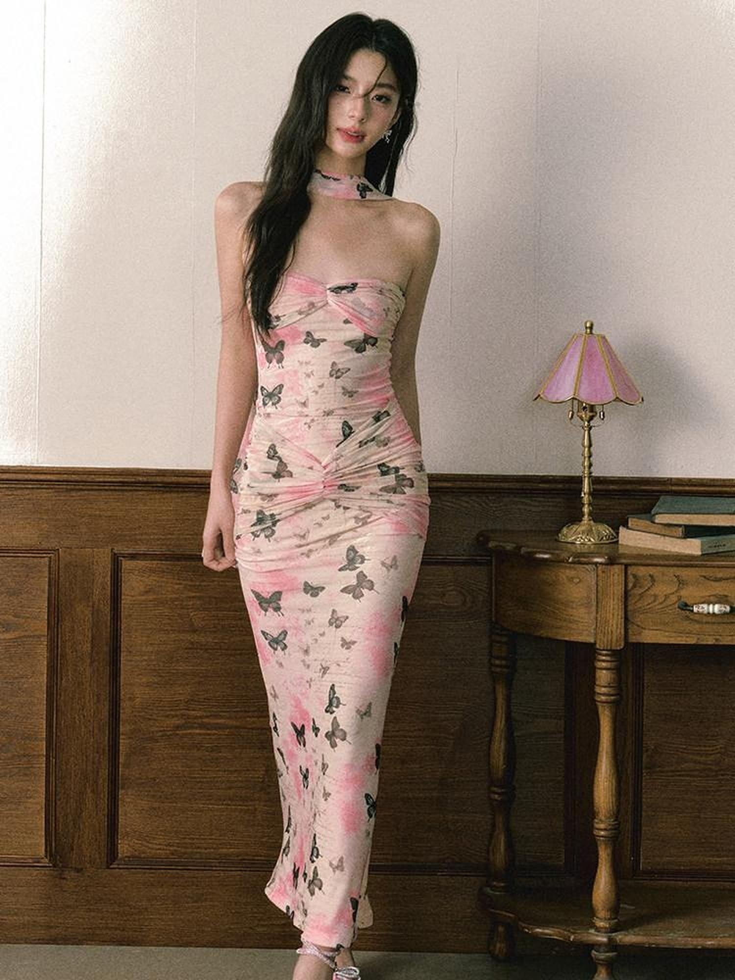 1P STUDIO Pink Floral Ombre Black Butterfly Ribbon Fishtail Women&