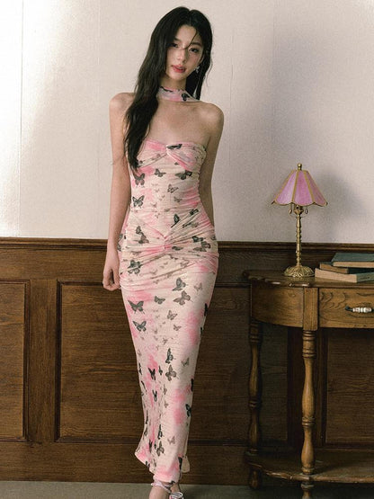 1P STUDIO Pink Floral Ombre Black Butterfly Ribbon Fishtail Women&
