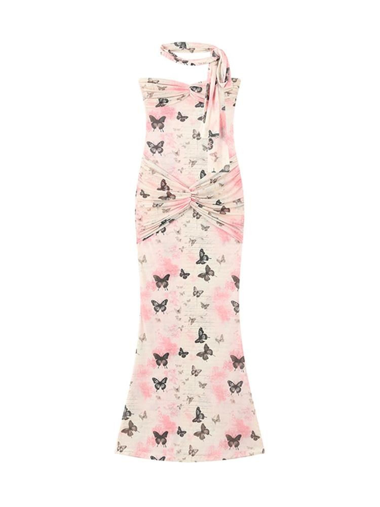 1P STUDIO Pink Floral Ombre Black Butterfly Ribbon Fishtail Women&