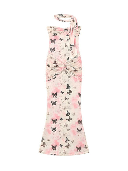 1P STUDIO Pink Floral Ombre Black Butterfly Ribbon Fishtail Women&
