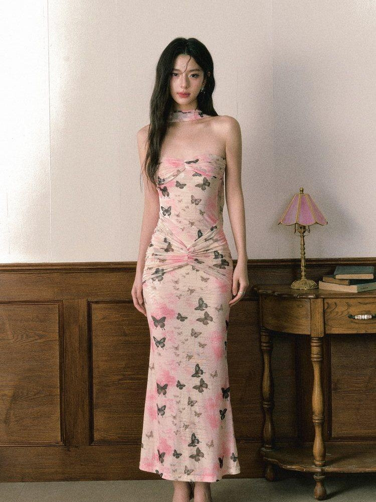 1P STUDIO Pink Floral Ombre Black Butterfly Ribbon Fishtail Women&