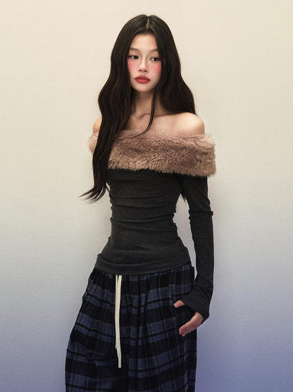 1P STUDIO Pink Fuzzy Detachable Slim Fit One Shoulder Women&