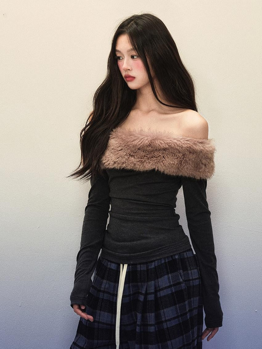 1P STUDIO Pink Fuzzy Detachable Slim Fit One Shoulder Women&