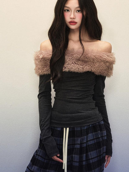 1P STUDIO Pink Fuzzy Detachable Slim Fit One Shoulder Women&
