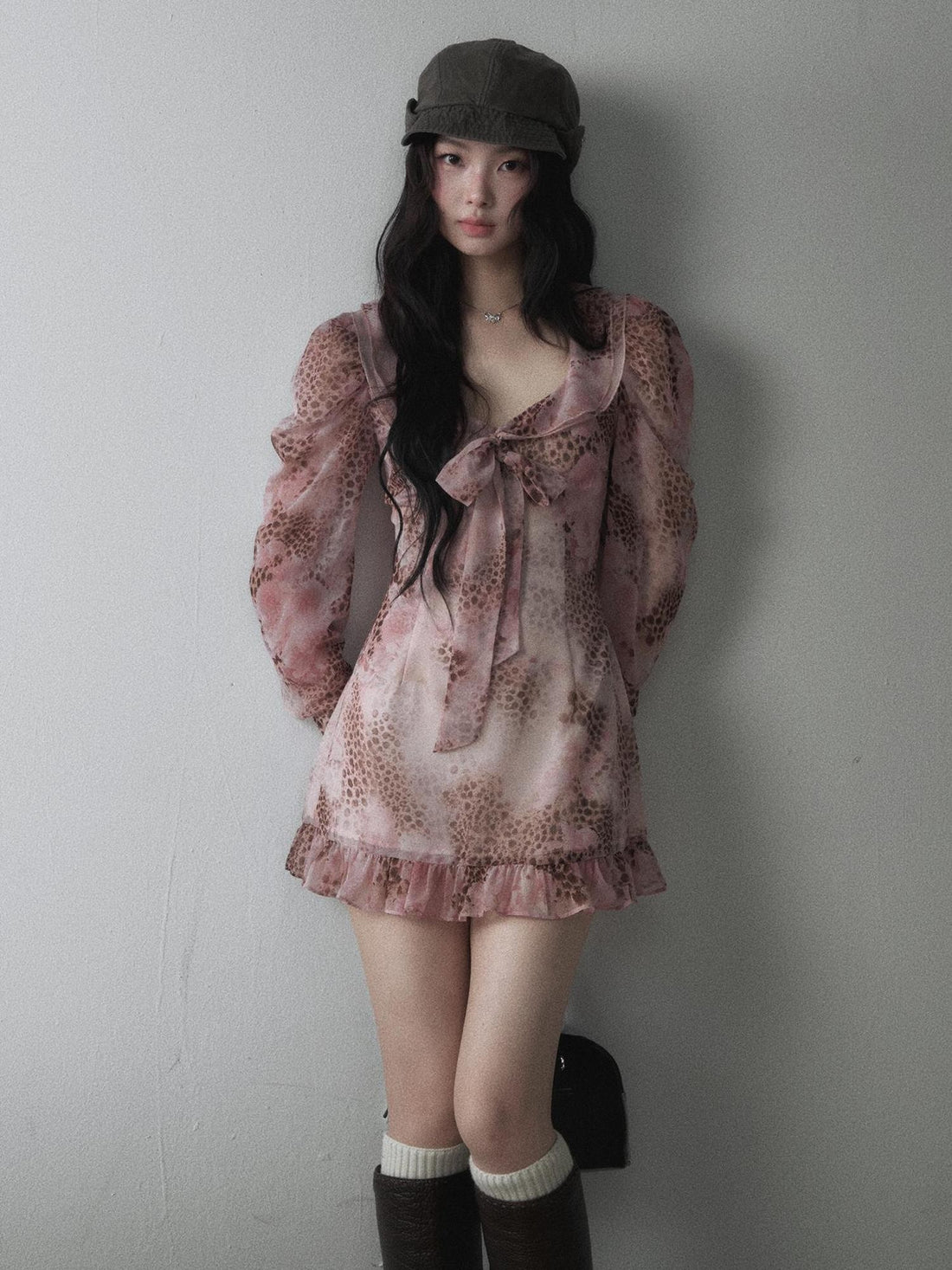 1P STUDIO Pink Leopard Print Chiffon U Neck Bow Tie Long Sleeve Women&