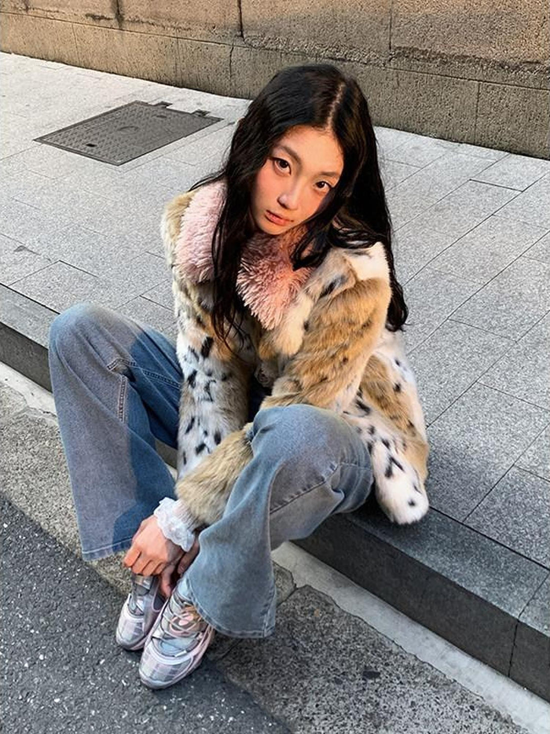 1P STUDIO Pink Leopard Print Fur Collar Oversized Women&