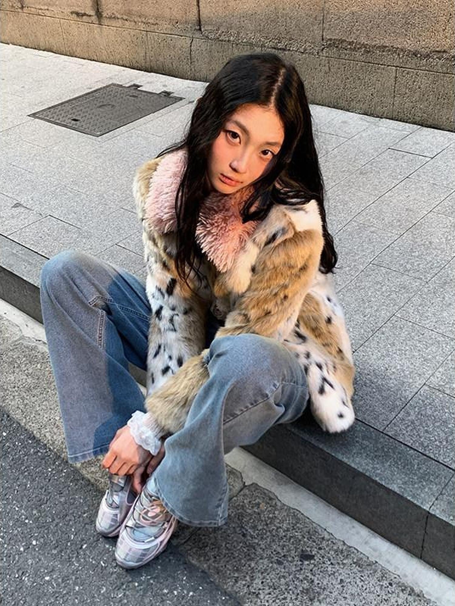 1P STUDIO Pink Leopard Print Fur Collar Oversized Women&