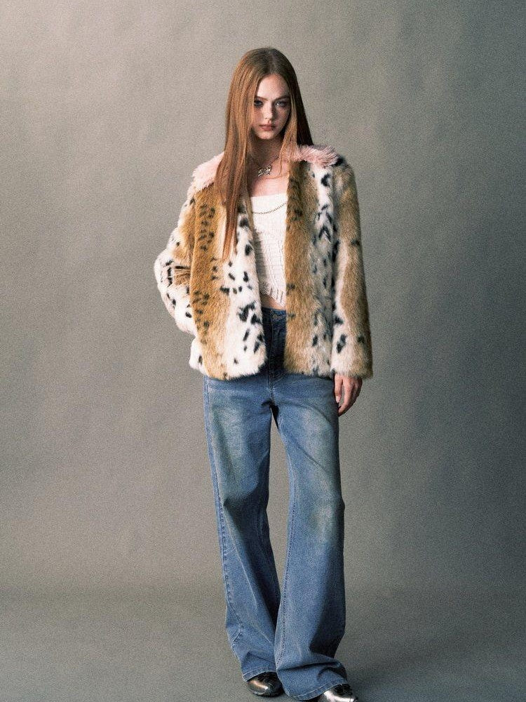 1P STUDIO Pink Leopard Print Fur Collar Oversized Women&