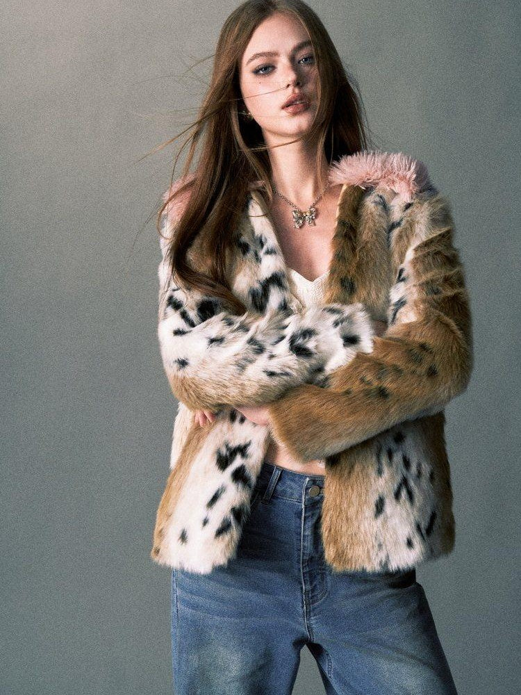 1P STUDIO Pink Leopard Print Fur Collar Oversized Women&