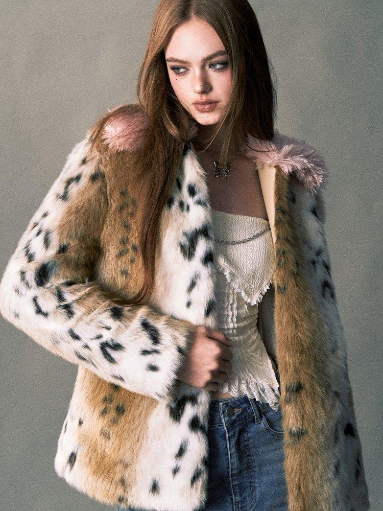 1P STUDIO Pink Leopard Print Fur Collar Oversized Women&