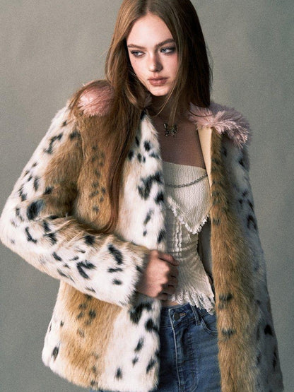 1P STUDIO Pink Leopard Print Fur Collar Oversized Women&