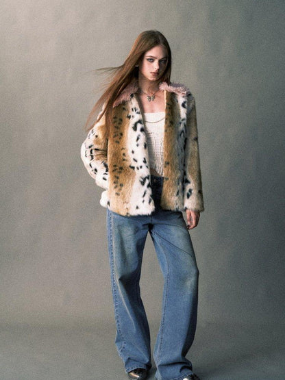 1P STUDIO Pink Leopard Print Fur Collar Oversized Women&