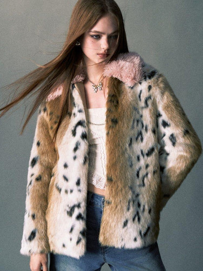 1P STUDIO Pink Leopard Print Fur Collar Oversized Women&