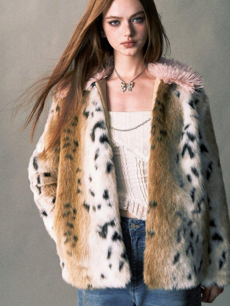 1P STUDIO Pink Leopard Print Fur Collar Oversized Women&