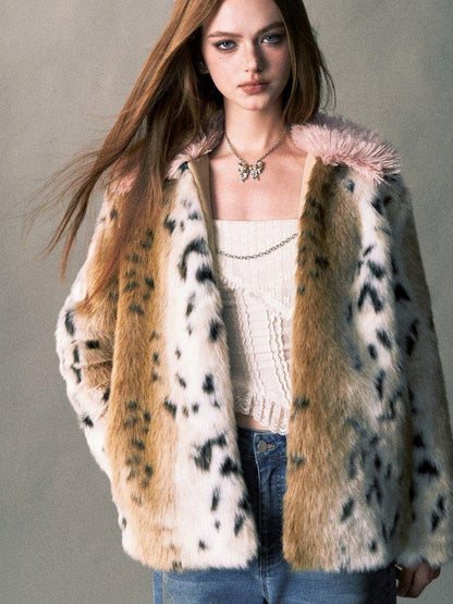 1P STUDIO Pink Leopard Print Fur Collar Oversized Women&