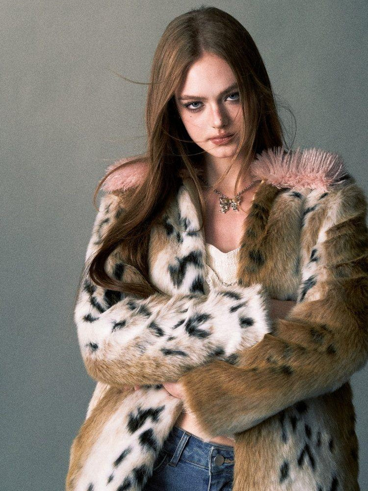 1P STUDIO Pink Leopard Print Fur Collar Oversized Women&
