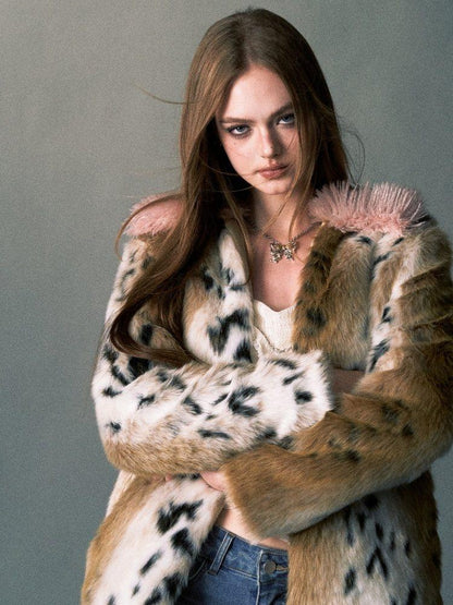 1P STUDIO Pink Leopard Print Fur Collar Oversized Women&