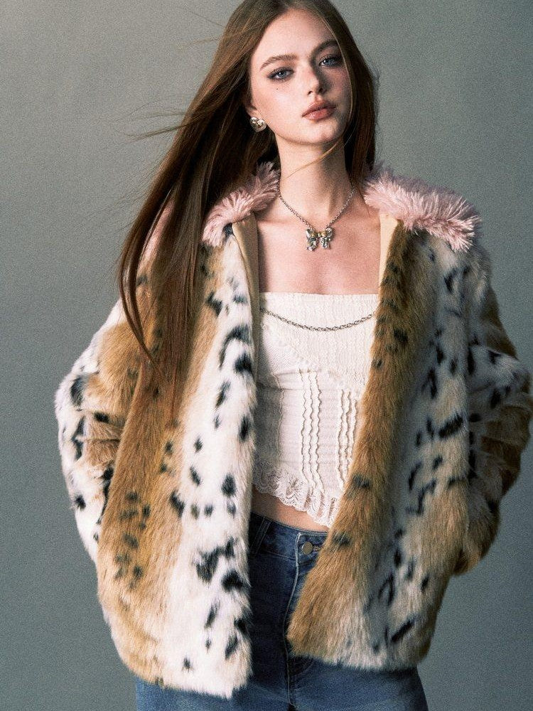 1P STUDIO Pink Leopard Print Fur Collar Oversized Women&