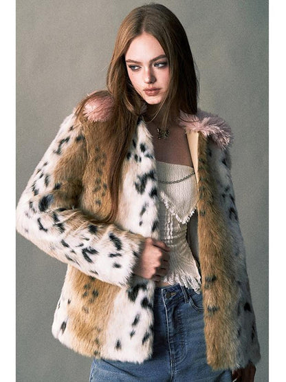 1P STUDIO Pink Leopard Print Fur Collar Oversized Women&