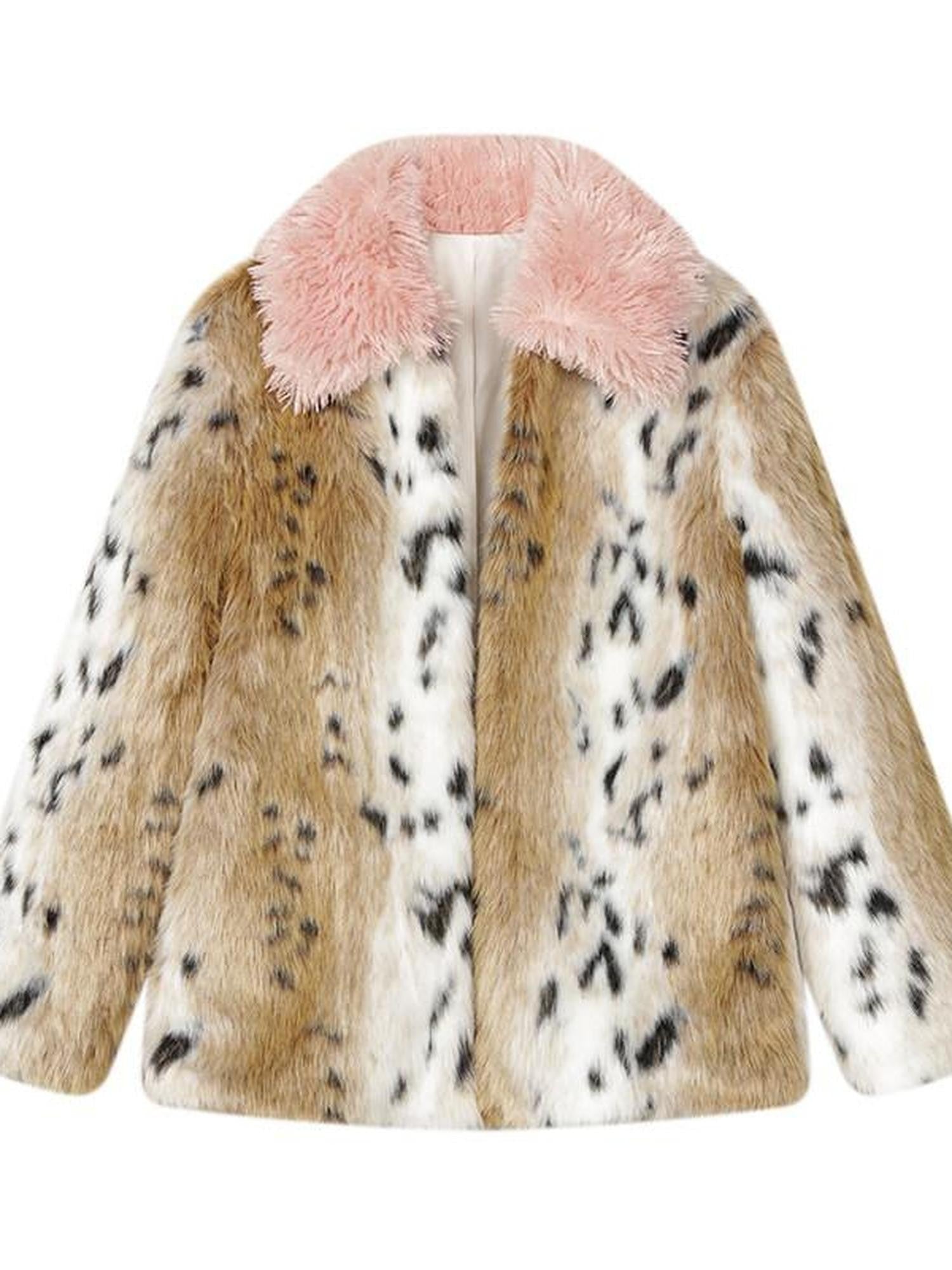 1P STUDIO Pink Leopard Print Fur Collar Oversized Women&