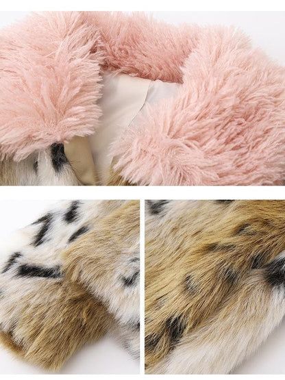 1P STUDIO Pink Leopard Print Fur Collar Oversized Women&