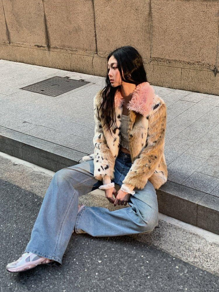 1P STUDIO Pink Leopard Print Fur Collar Oversized Women&