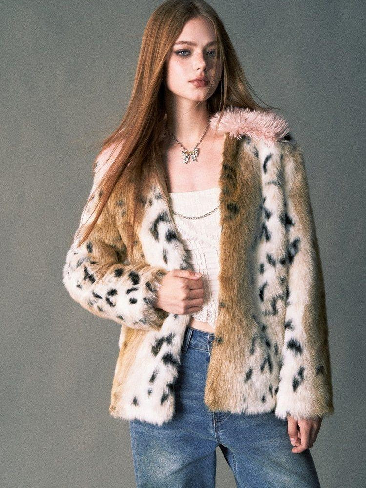 1P STUDIO Pink Leopard Print Fur Collar Oversized Women&