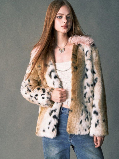 1P STUDIO Pink Leopard Print Fur Collar Oversized Women&