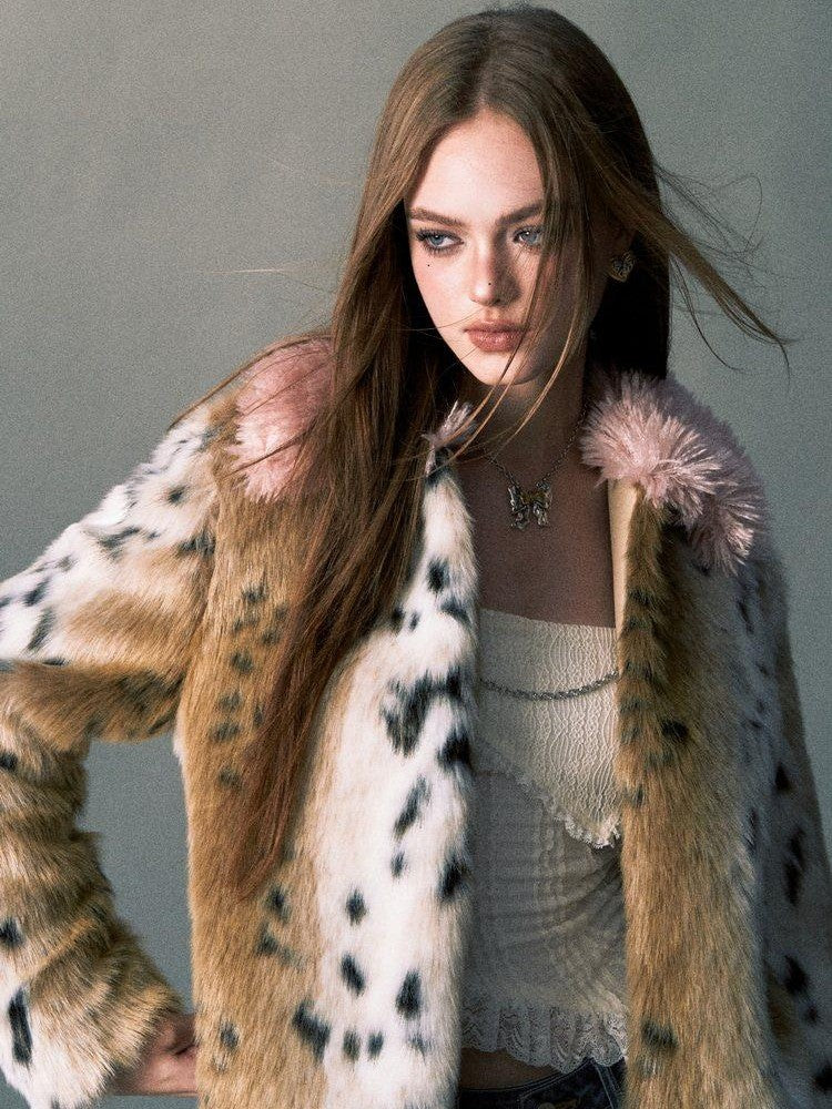 1P STUDIO Pink Leopard Print Fur Collar Oversized Women&