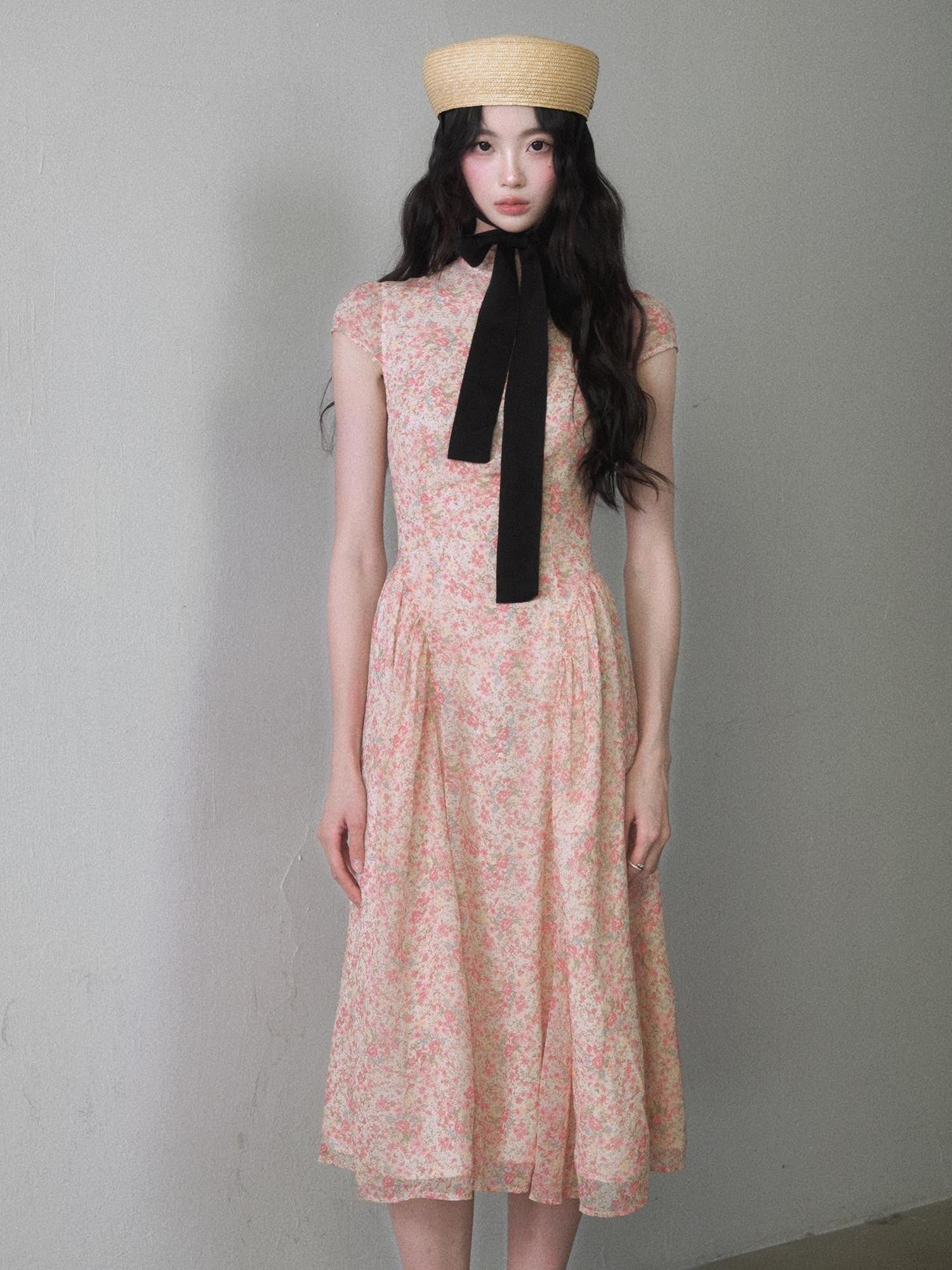 1P STUDIO Pink Ombre Floral Mock Neck Waist Cinched Women&