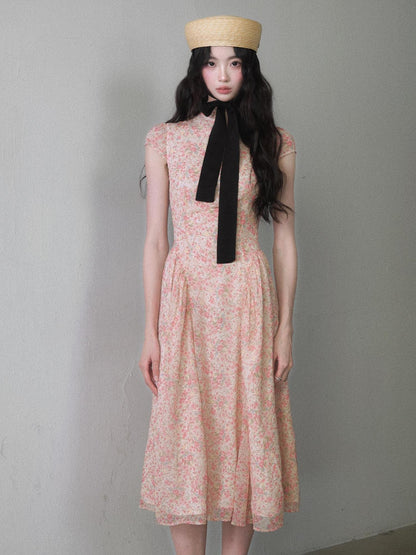 1P STUDIO Pink Ombre Floral Mock Neck Waist Cinched Women&