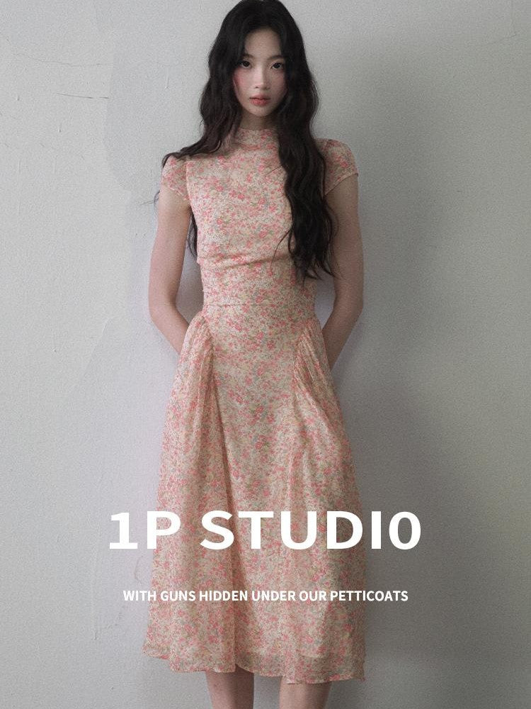1P STUDIO Pink Ombre Floral Mock Neck Waist Cinched Women&