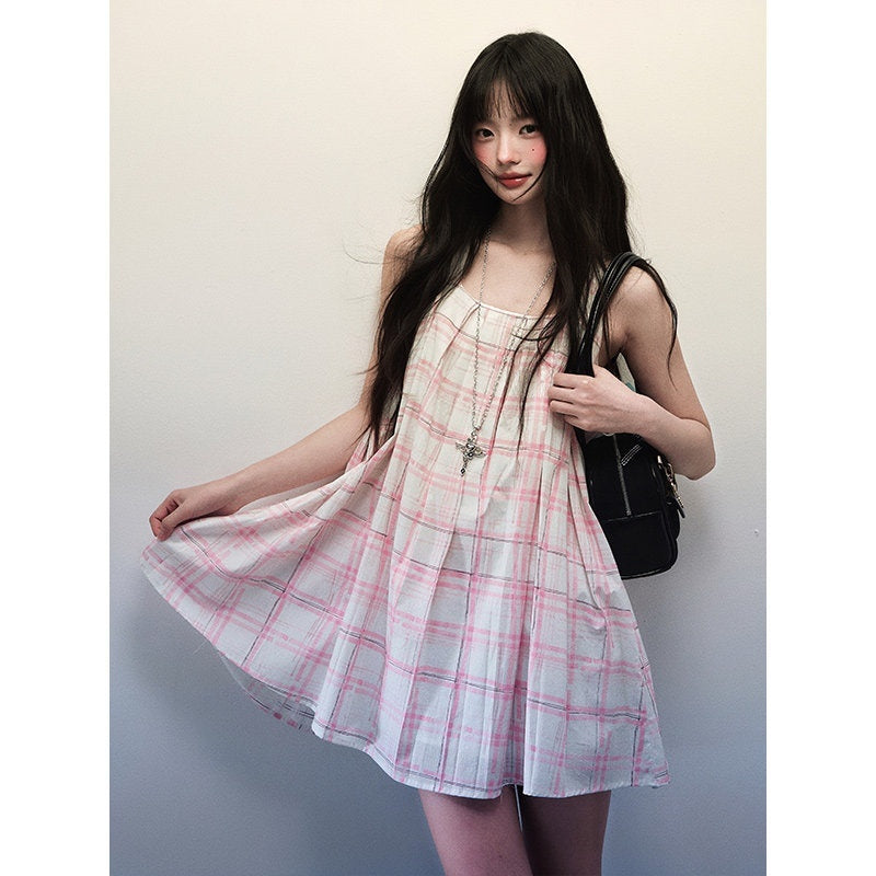 1P_STUDIO_Pink_Plaid_Cutout_Shoulder_Pleated_A_Line_Vest_Women&