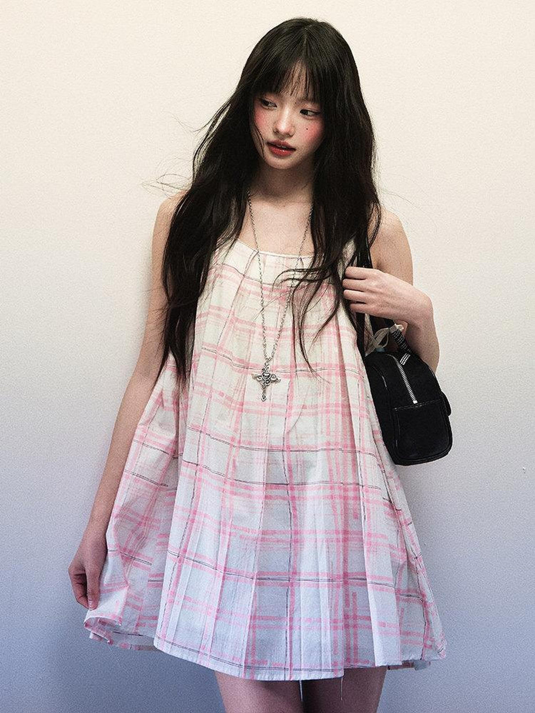 1P STUDIO Pink Plaid Cutout Shoulder Pleated A Line Vest Women&