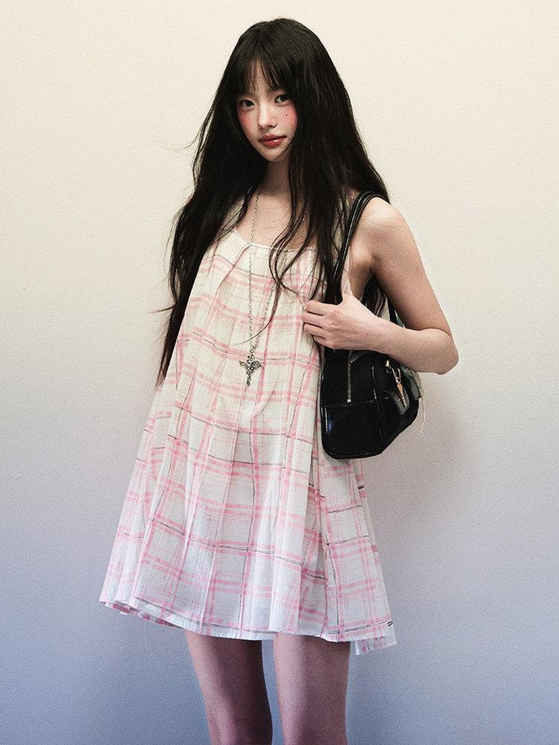 1P STUDIO Pink Plaid Cutout Shoulder Pleated A Line Vest Women&