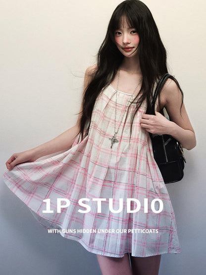 1P STUDIO Pink Plaid Cutout Shoulder Pleated A Line Vest Women&