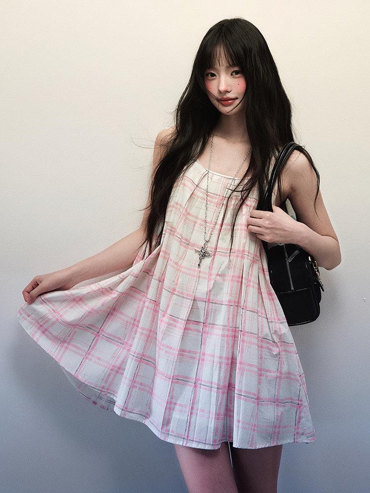 1P STUDIO Pink Plaid Cutout Shoulder Pleated A Line Vest Women&